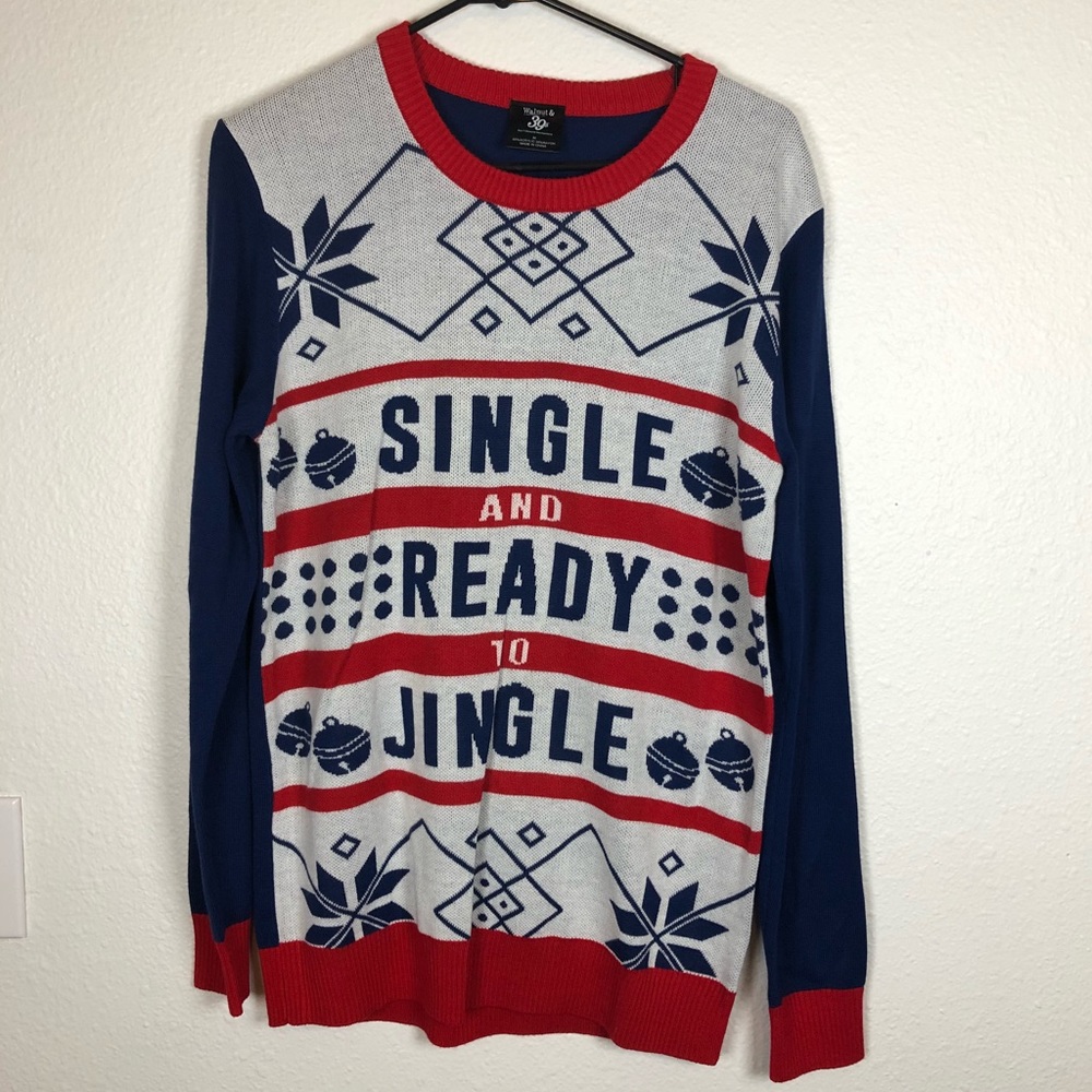 Ugly Christmas sweater medium blue red jingle